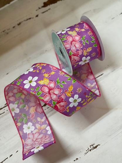 2.5 Inch By 10 Yard Purple Background With Watercolor Flower Ribbon