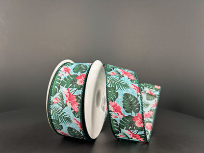 1.5 Inch By 10 Yard Hibiscus And Monster Leaves Ribbon
