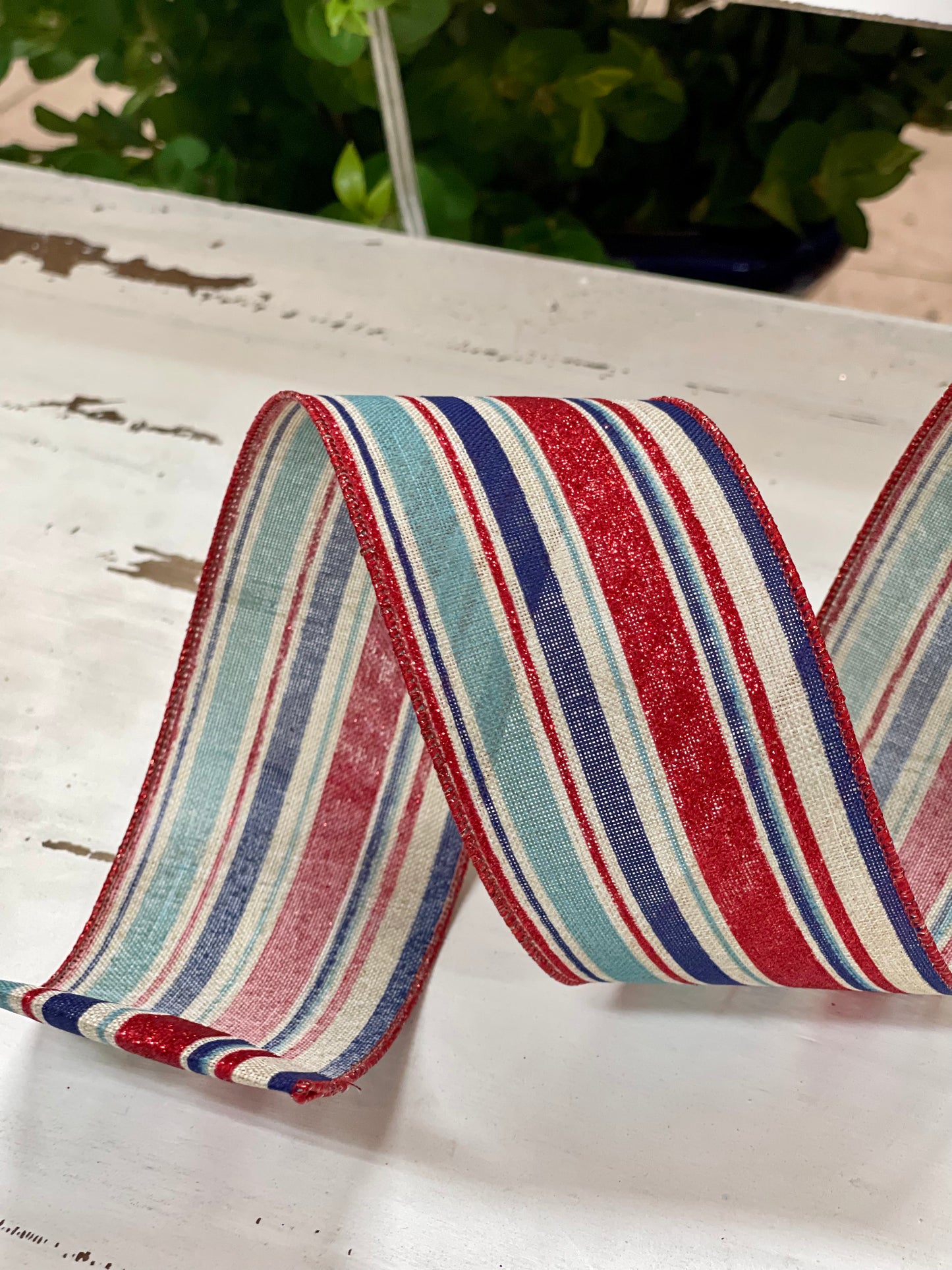 2.5 Inch By 10 Yard Red White And Natural Striped Ribbon