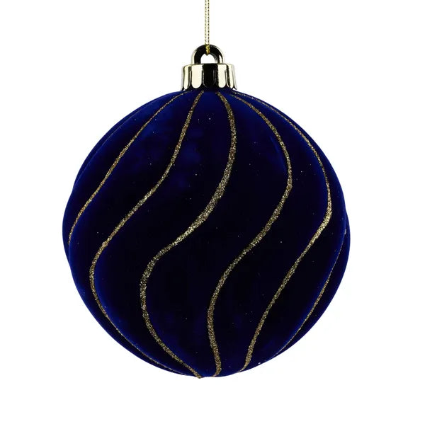 5 Inch Navy And Gold Flocked Glitter Stripe Ball Ornament