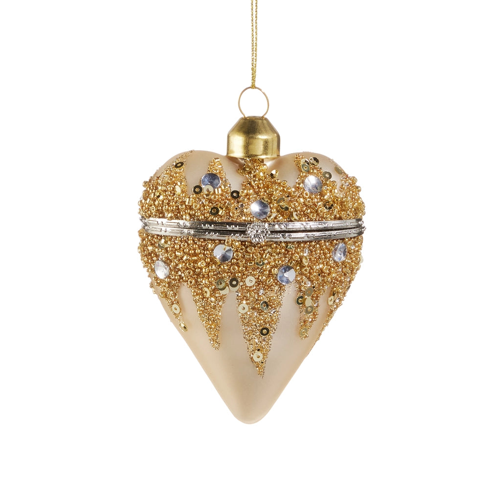3.5 Inch Champagne Gold Sequin Glass Heart Box Ornament