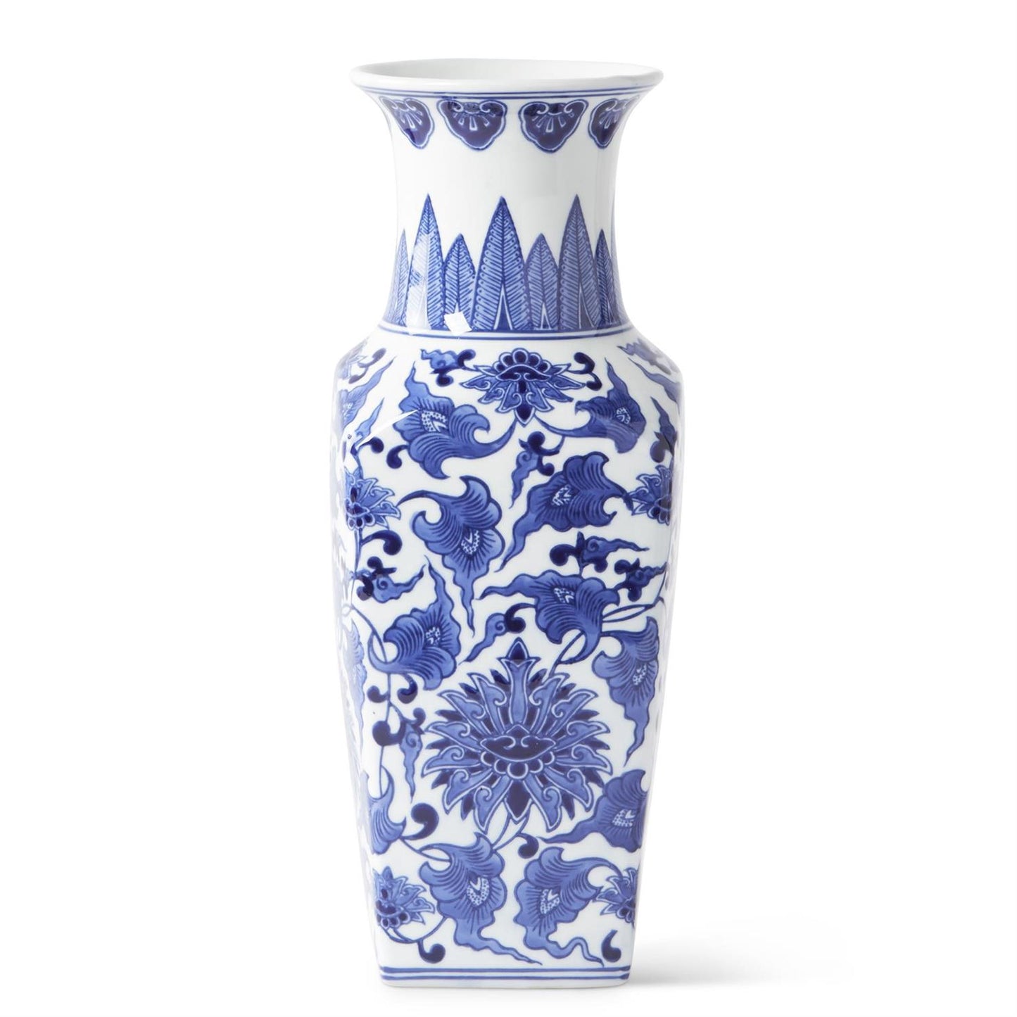 14 Inch Blue And White Ceramic Chinoiserie Square Vase
