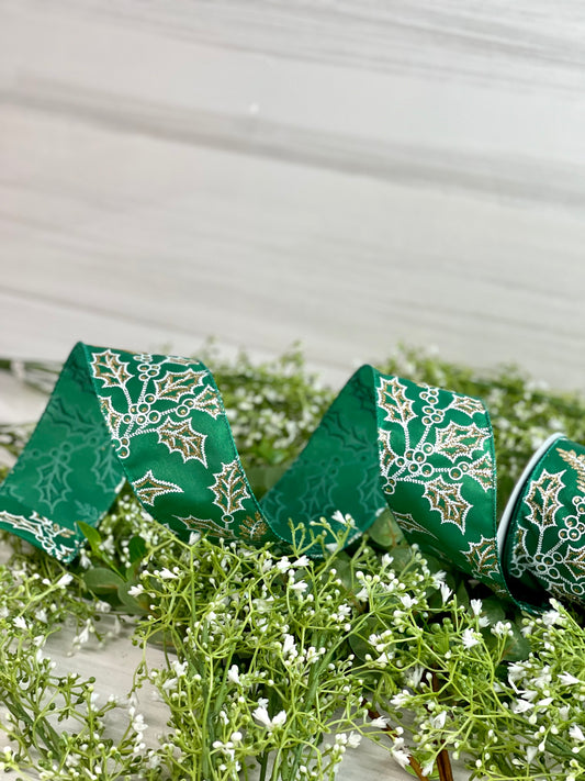 2.5 Inch By 10 Yard Green Metallic Background With Gold Glitter Holly Ribbon