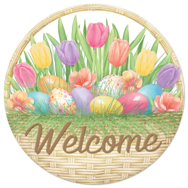 12 Inch Metal Welcome Basket With Eggs Sign