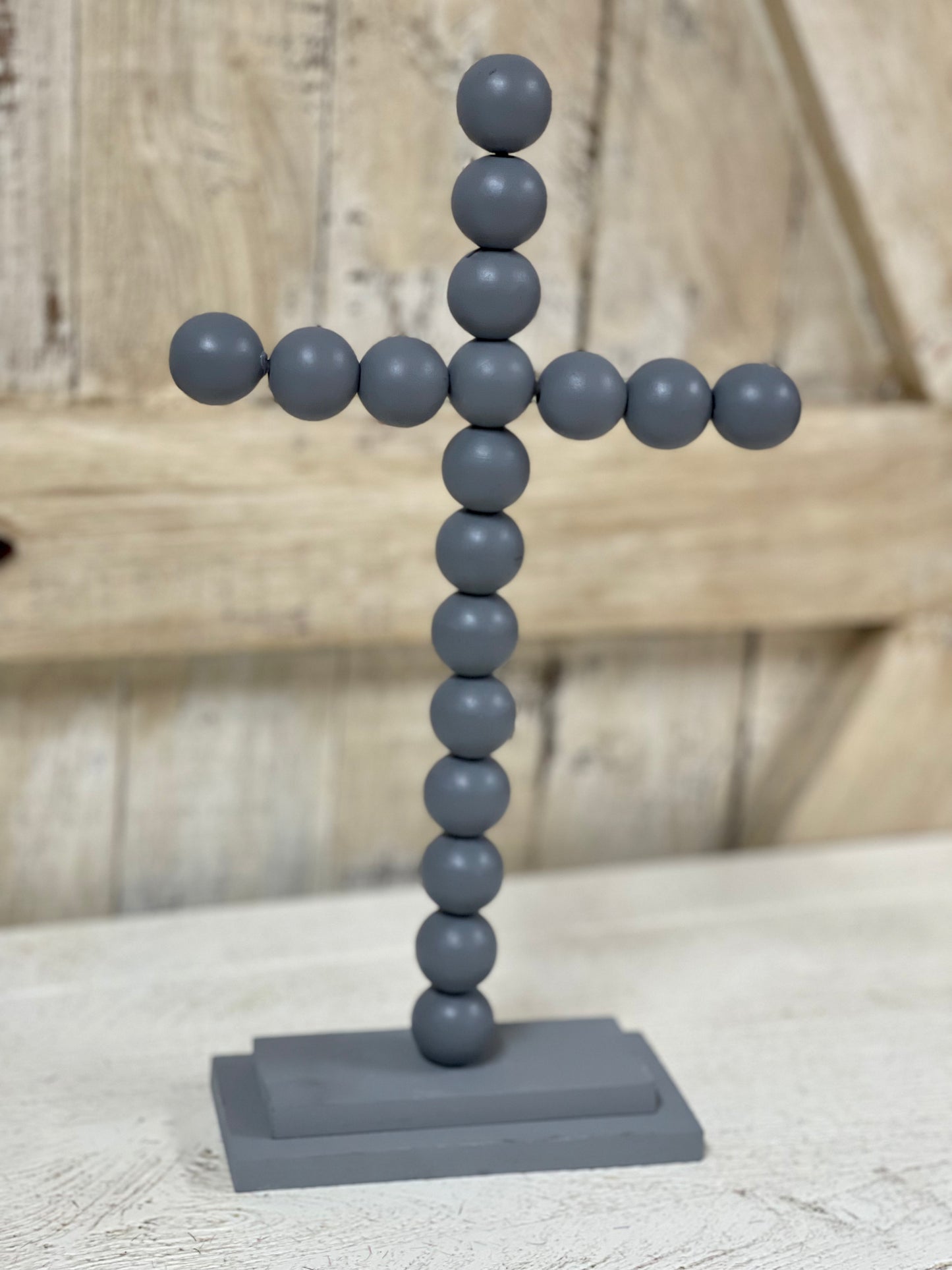 13 Inch Gray Tabletop Wood Bead Cross