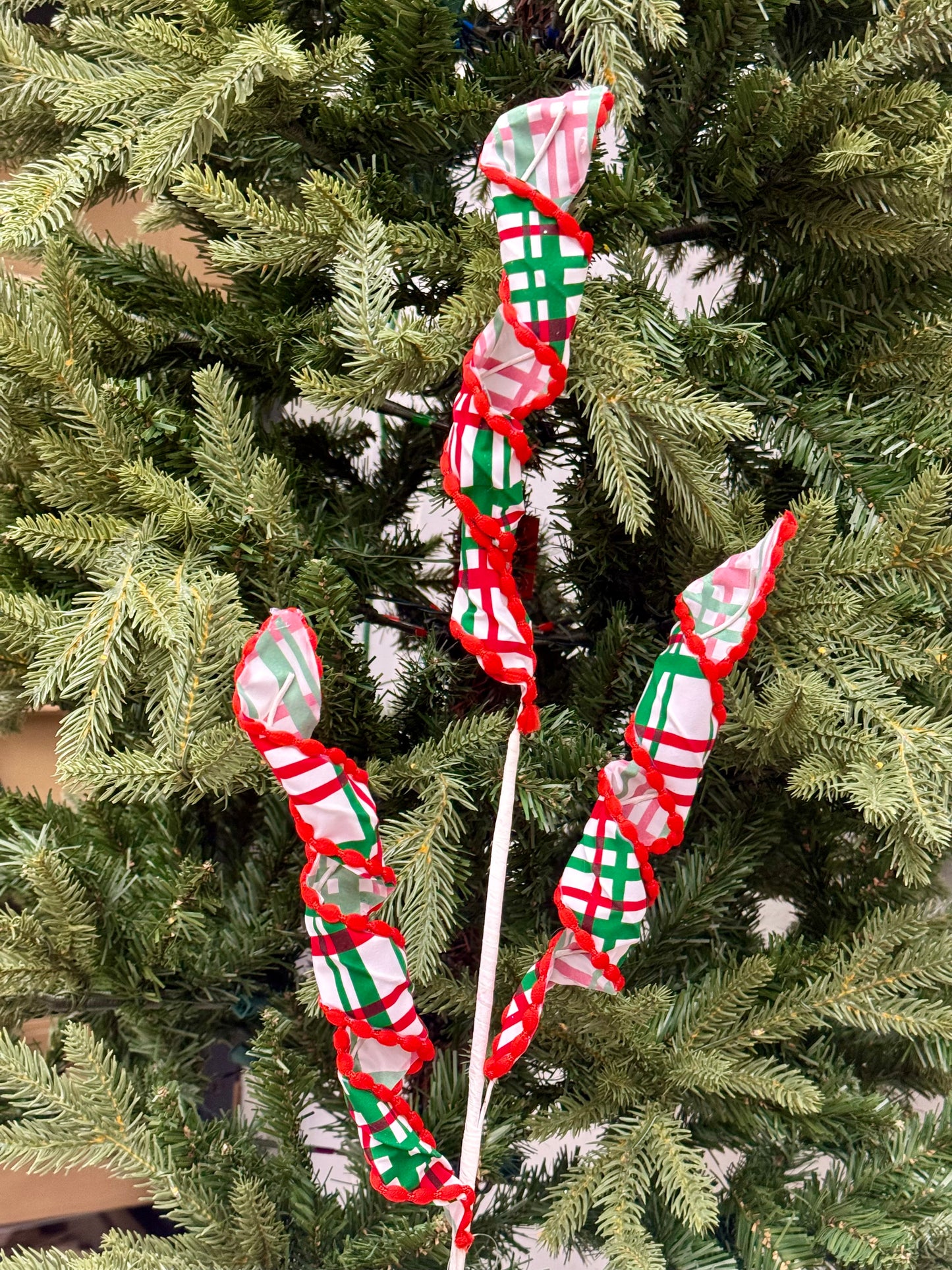 30 Inch Red White And Emerald Green Plaid Fabric Curly Spray