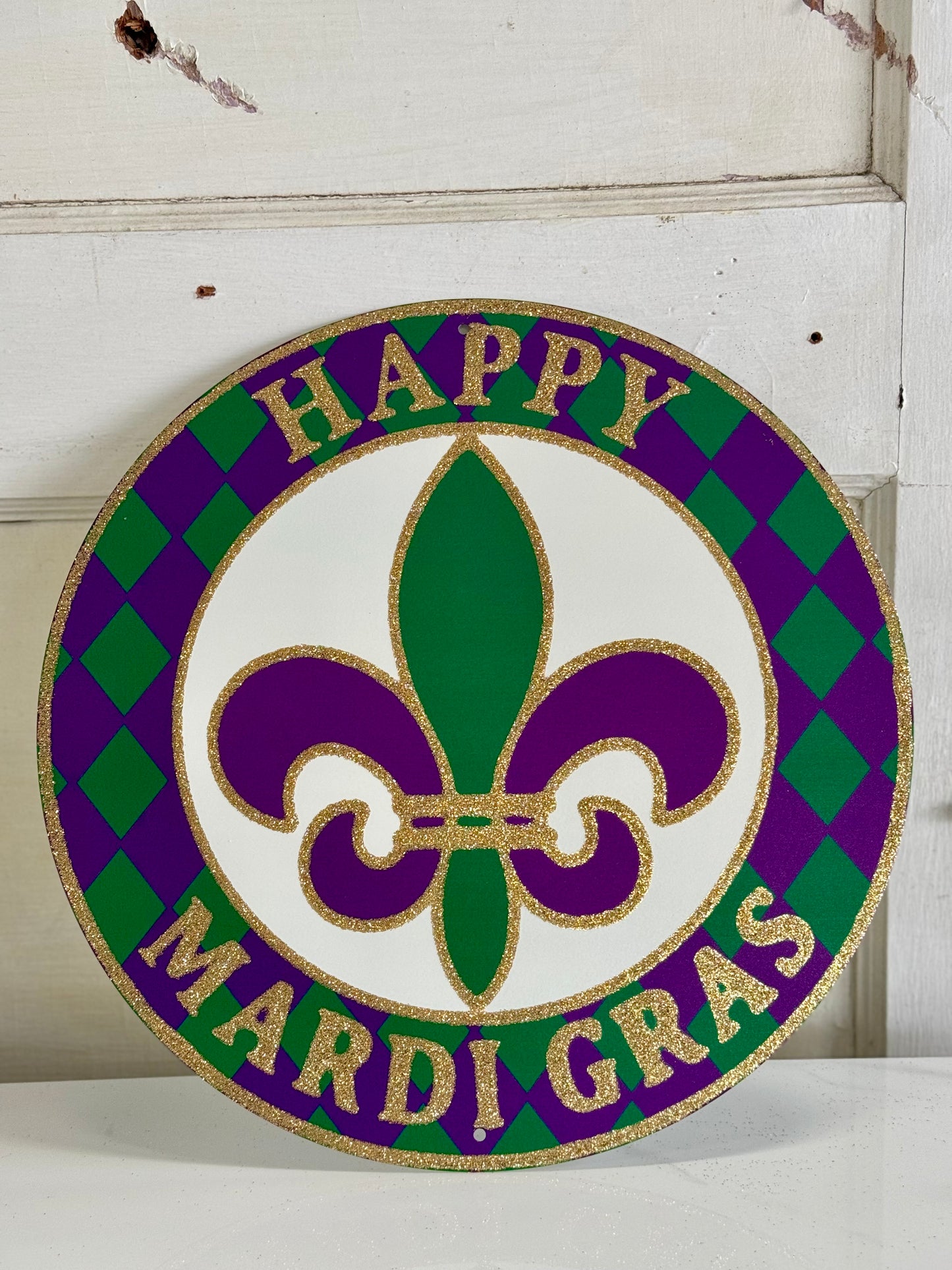12 Inch Round Metal "Happy Mardi Gras" Sign with Glitter