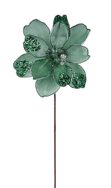 22 Inch Sage Green Glitter Sequin And Bead Magnolia Spray