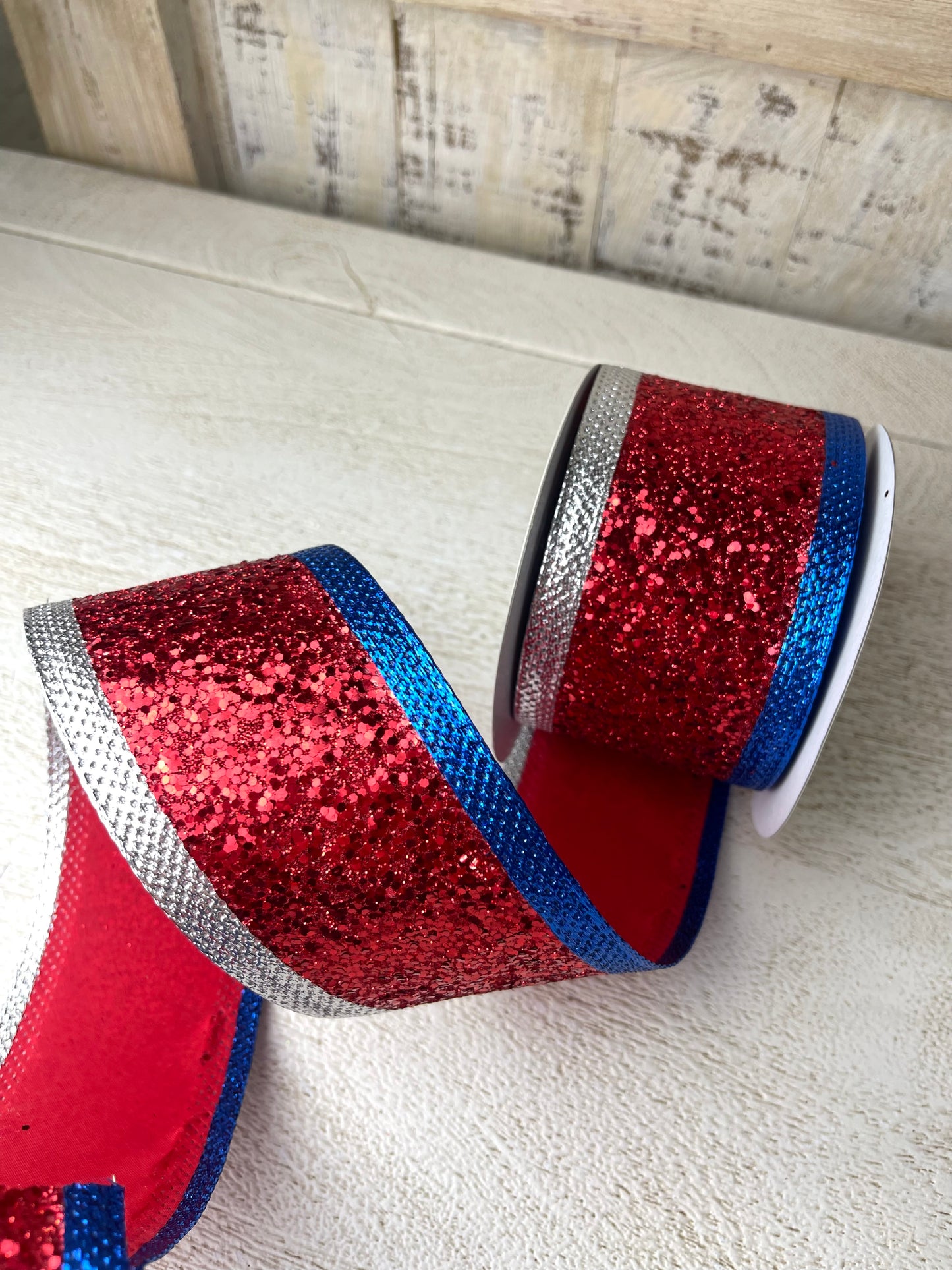 2.5 Inch By 10 Yard Red Silver Blue Metallic Ribbon