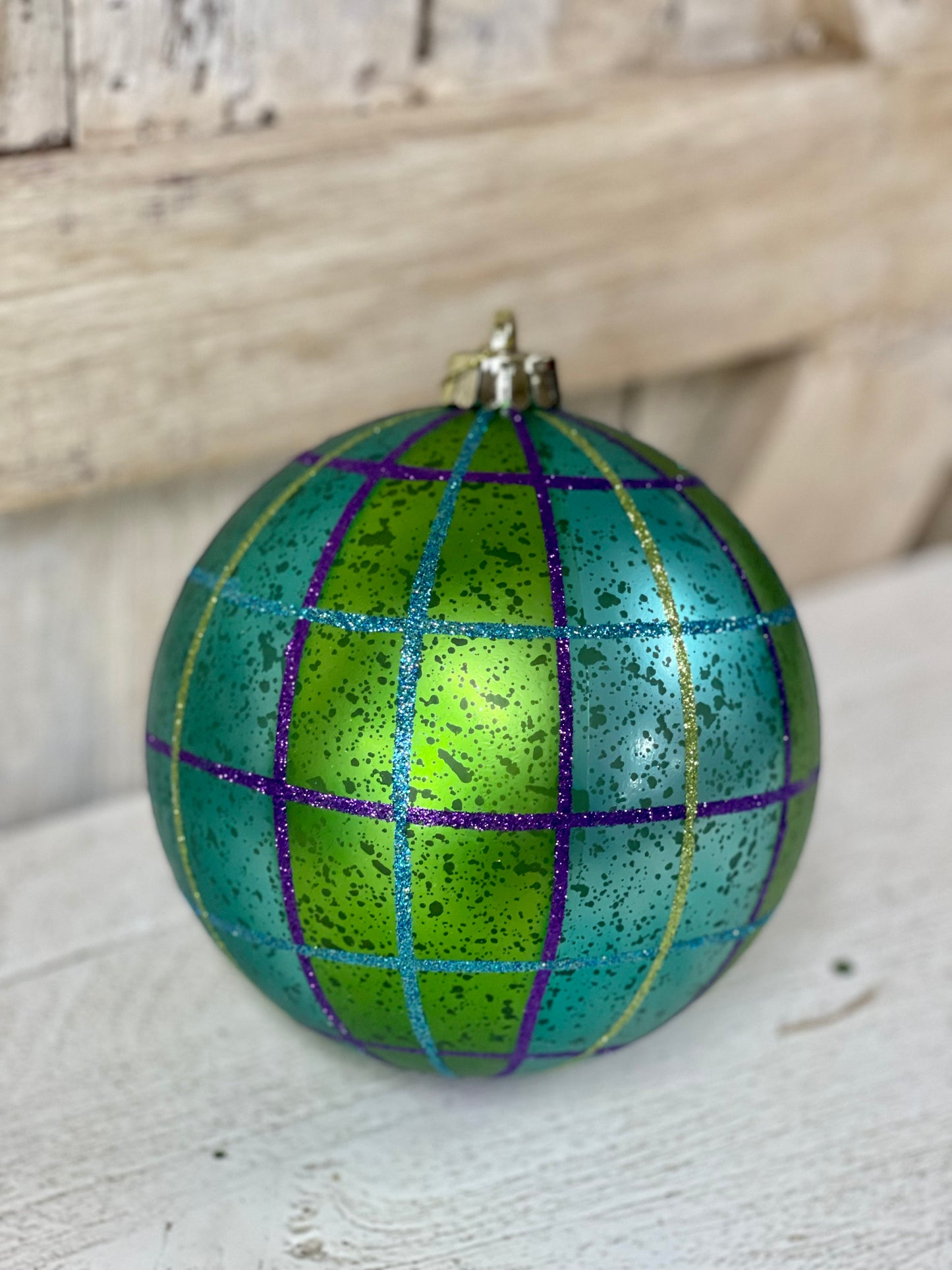 6 Inch Turquoise Lime Purple Plaid Ornament Ball