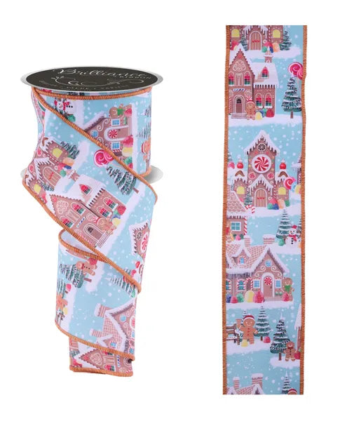 2.5 Inch By 10 Yard Light Blue Gingerbread Village Ribbon