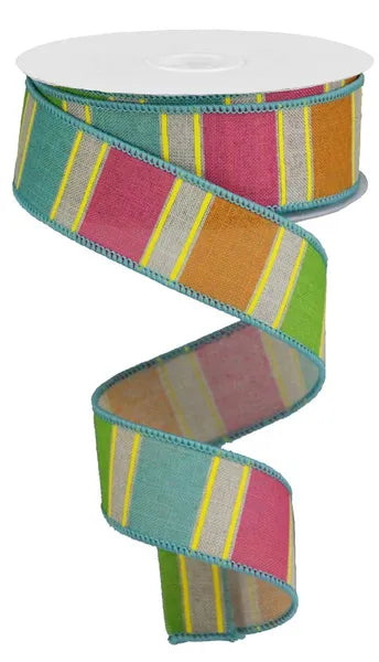 1.5 Inch By 10 Yard Pink Orange Green And Yellow Bold Stripes On Royal Ribbon