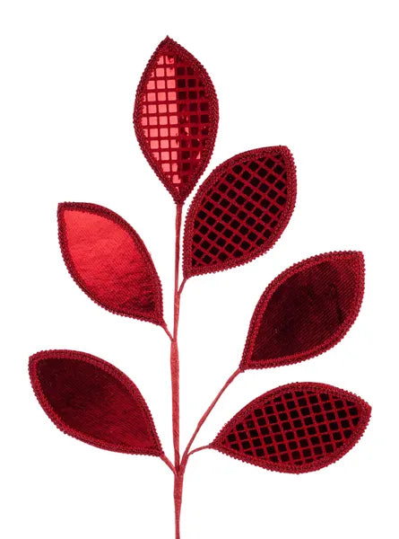 28 Inch Red Square Sequin Glitter Leaf Spray