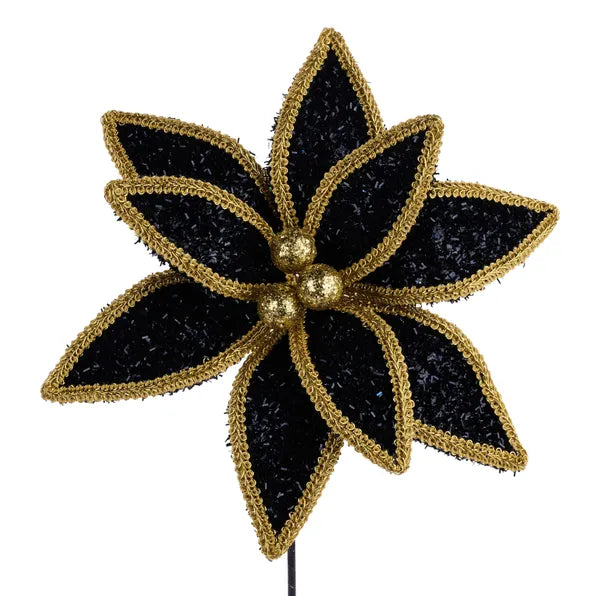 14 Inch Black And Gold Glitter And Lace Edge Poinsettia Pick