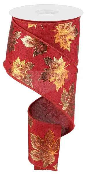 2.5 Inch By 10 Yard Burgundy Foil Maple Leaf On Royal Ribbon