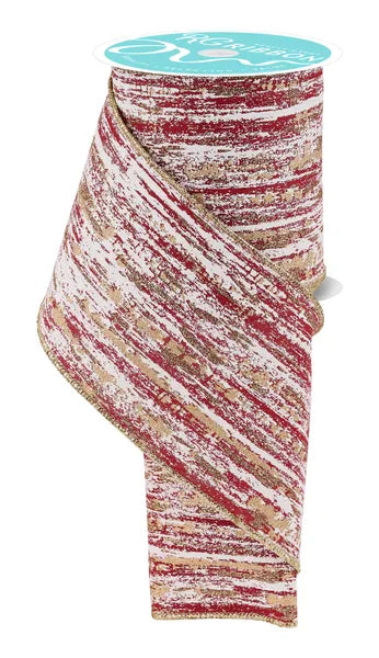 4 Inch By 10 Yard Cranberry Cream And Gold Glitter Metallic Streaks Ribbon