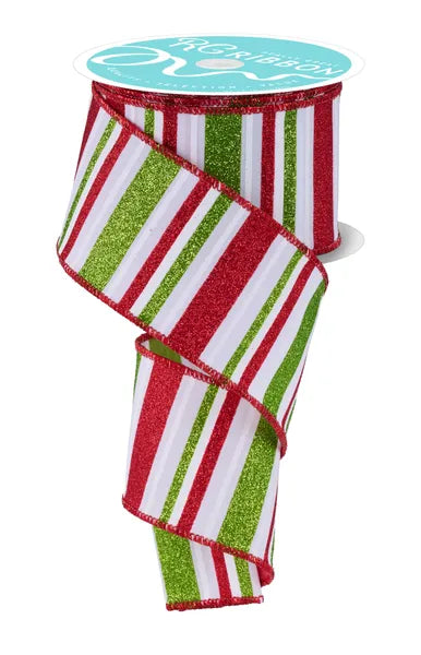 2.5 Inch By 10 Yard Red White And Lime Horizontal Stripe Ribbon