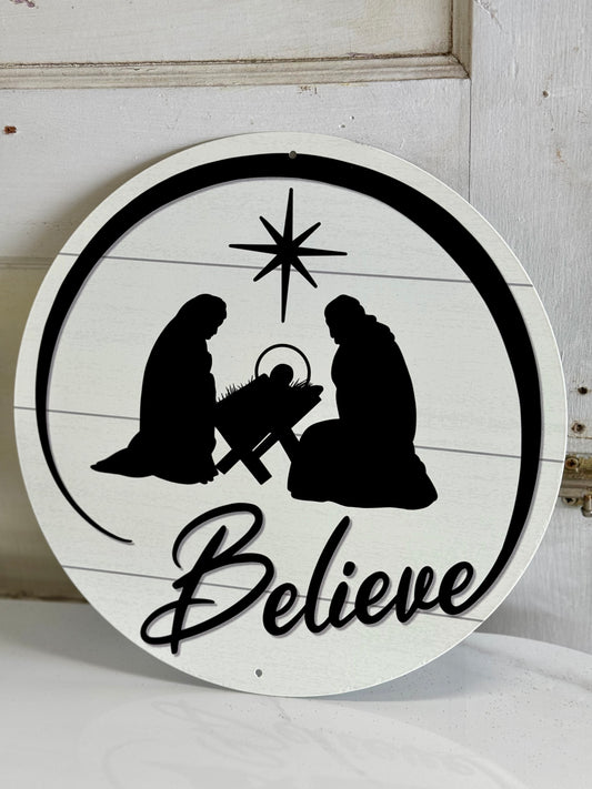 White And Black Believe Metal Sign With Nativity Scene