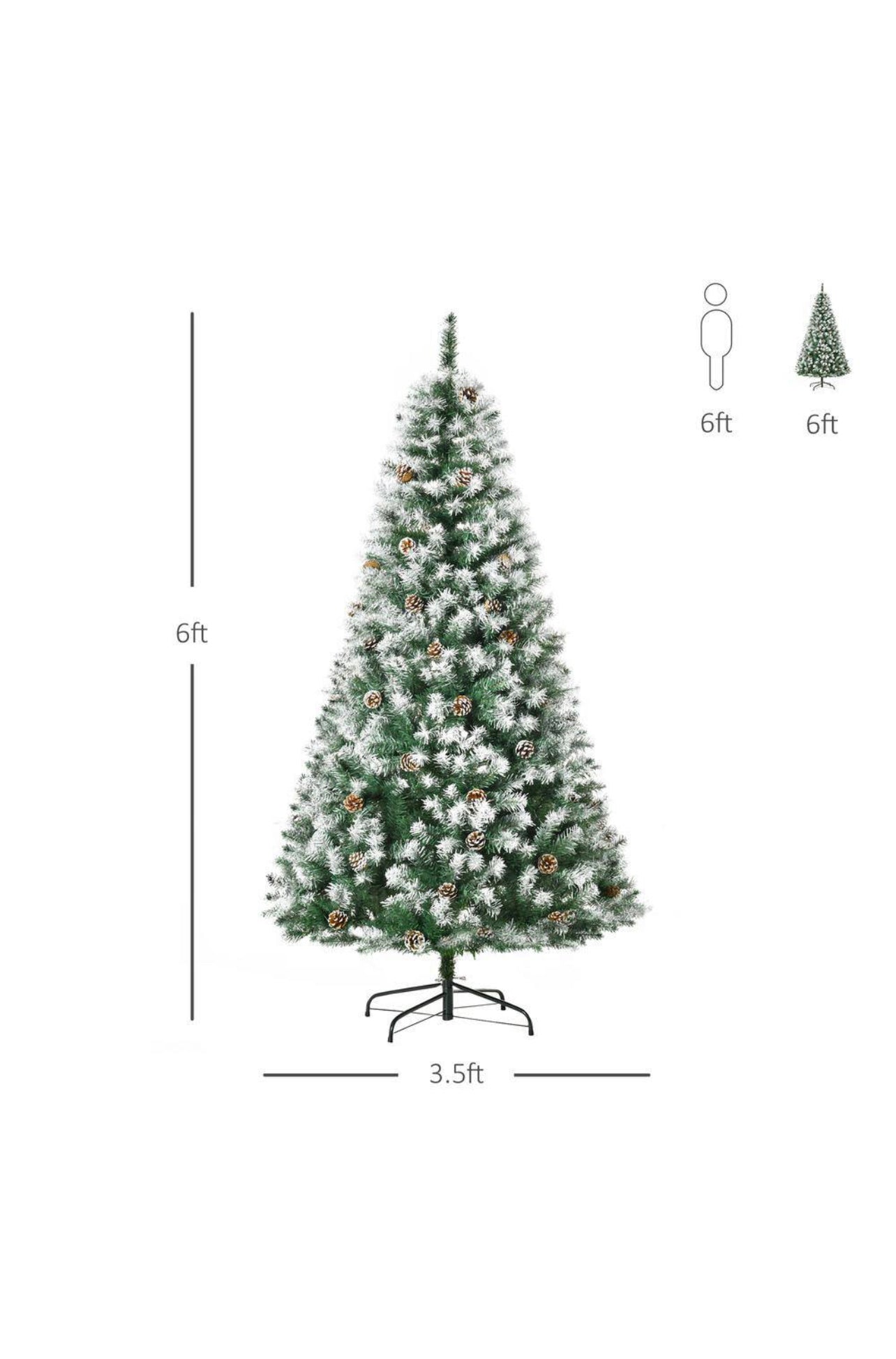 HomCom 6 ft. Artificial Christmas TreeFlocked Hinge Tree with Pine Cones, Holiday Home Xmas Decoration Automatic Open, Green Open Box