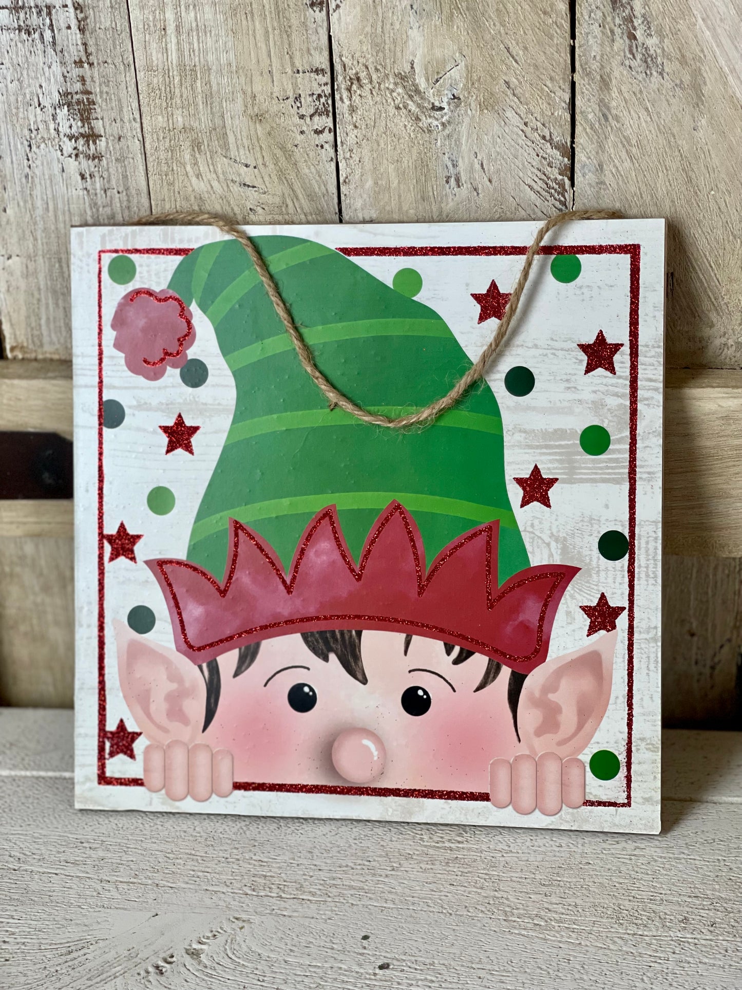 Glitter Peeking Elf Face Wooden Sign