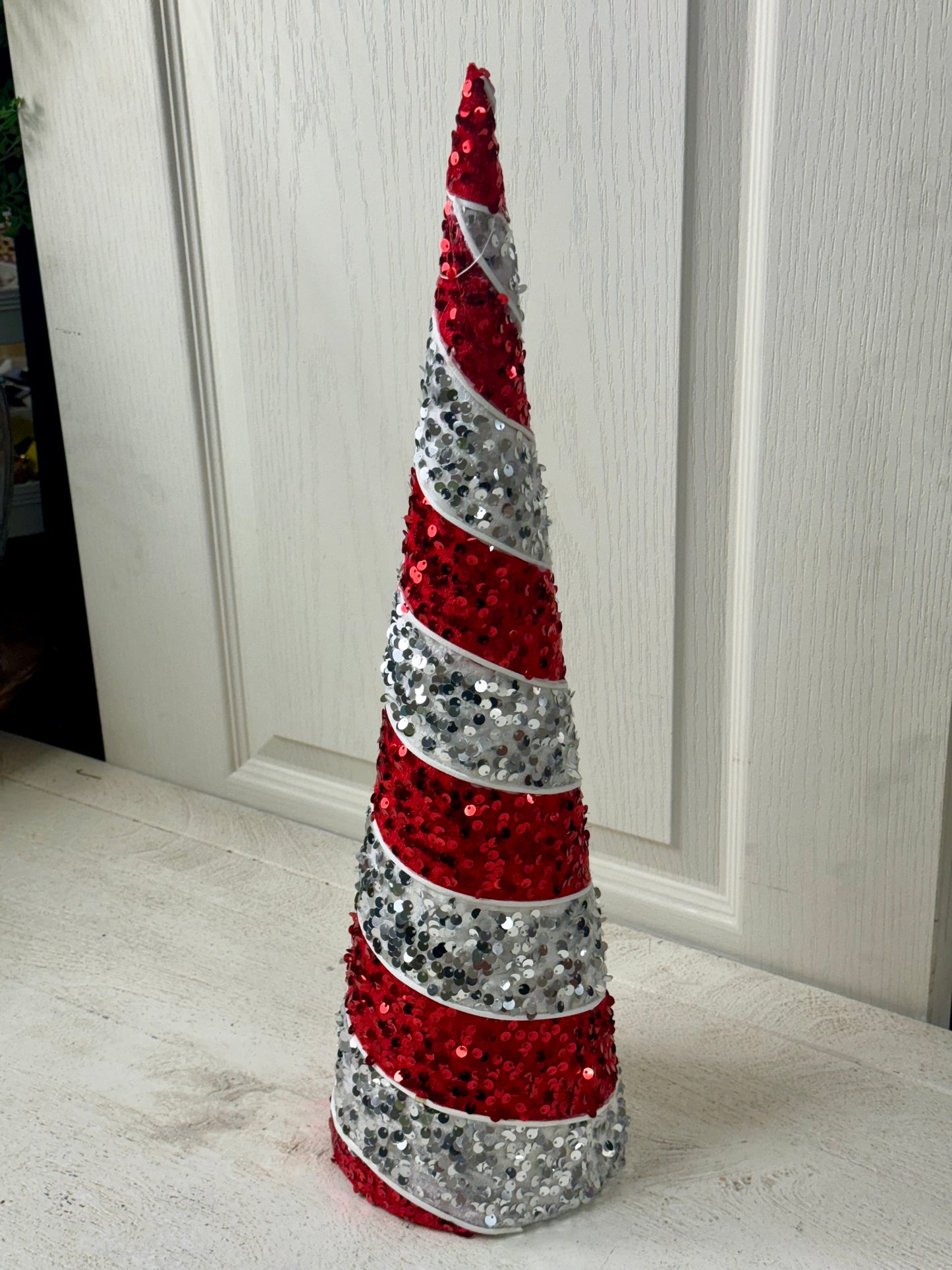 19.75 Inch Red And White Sequin Swirl Cone Tree