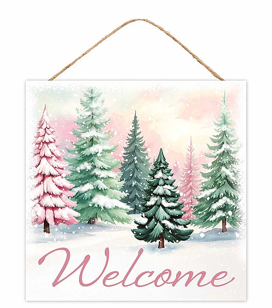 10 Inch Square Pastel Welcome With Trees Wood Sign