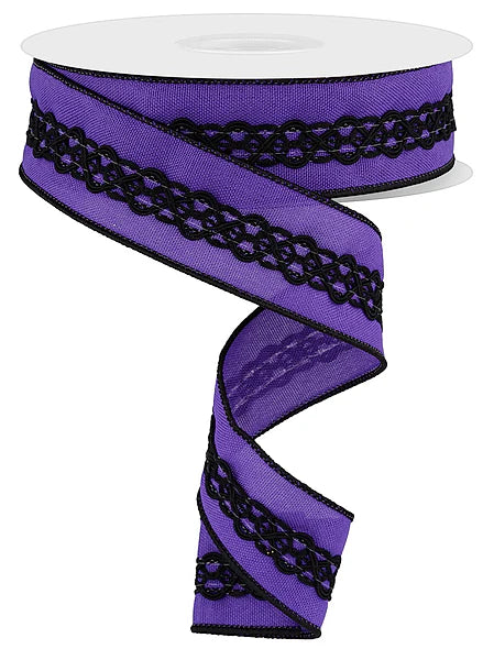 1.5 Inch By 10 Yard Purple And Black Lace On Faux Royal Ribbon