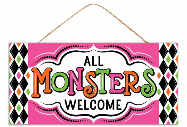 12.5 Inch Pink And Green All Monsters Welcome Wood Sign