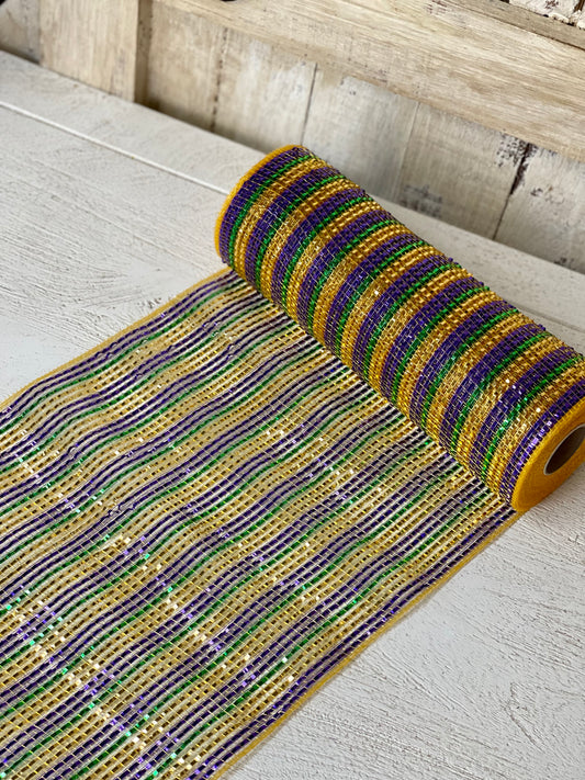 10 Inch By 10 Yard Gold Green And Purple Thin Striped Foil Mesh