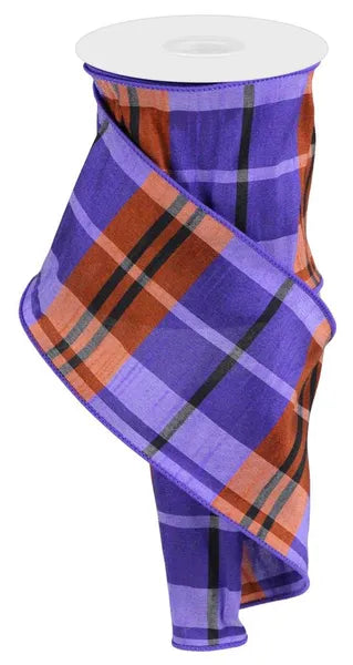 4 Inch By 10 Yard Purple Orange And Black Plaid Faux Dupioni Ribbon