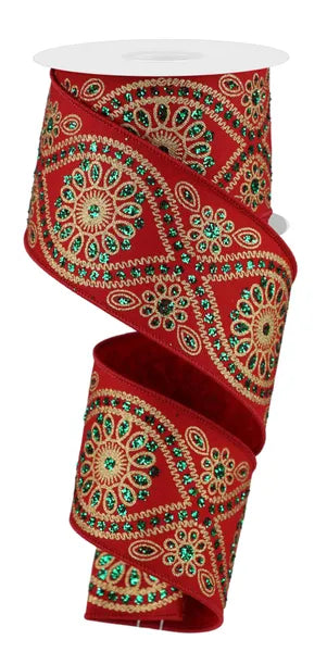 2.5 Inch By 10 Yard Red Emerald And Gold Deluxe Wavy Foral Ribbon