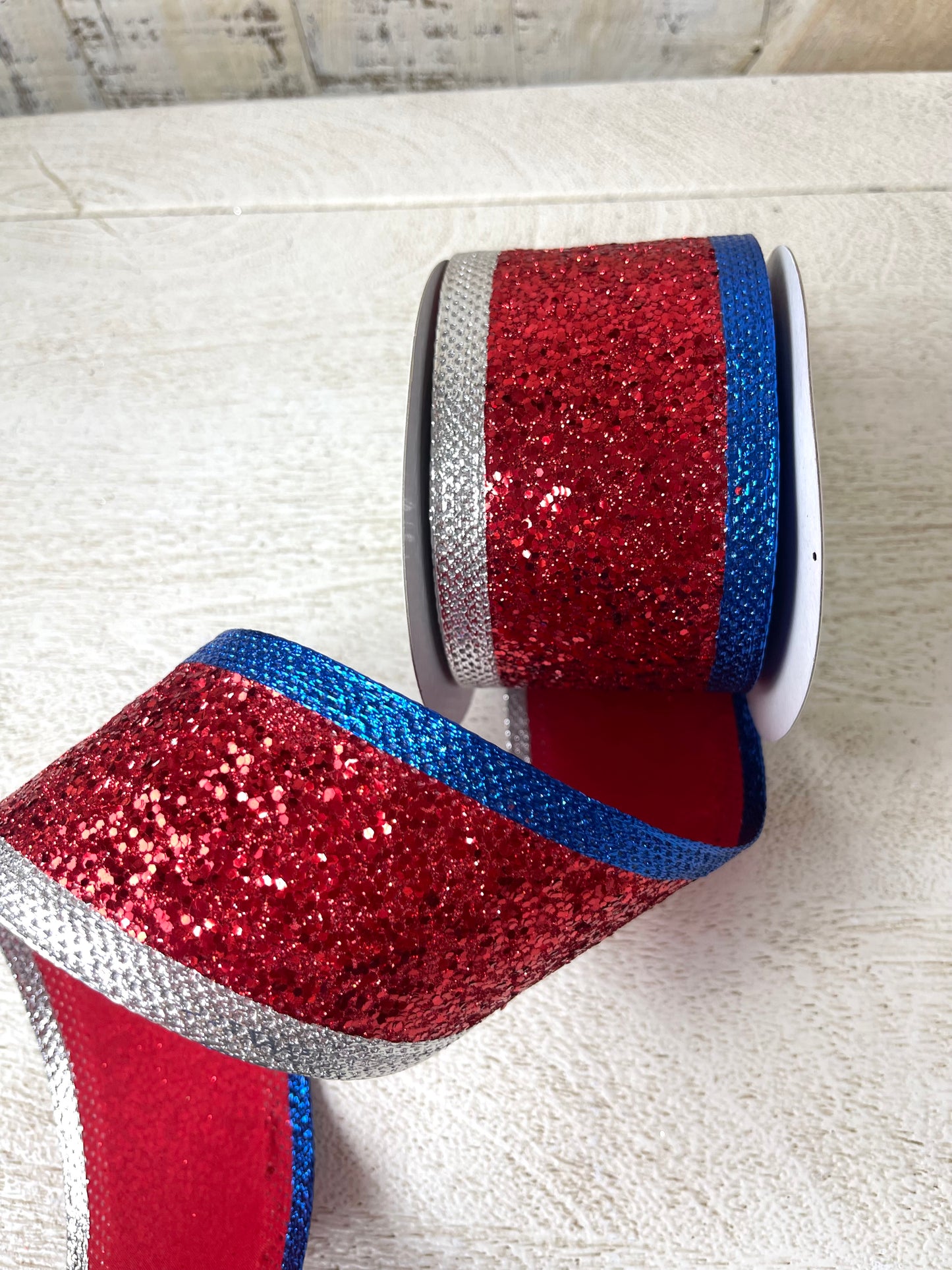 2.5 Inch By 10 Yard Red Silver Blue Metallic Ribbon