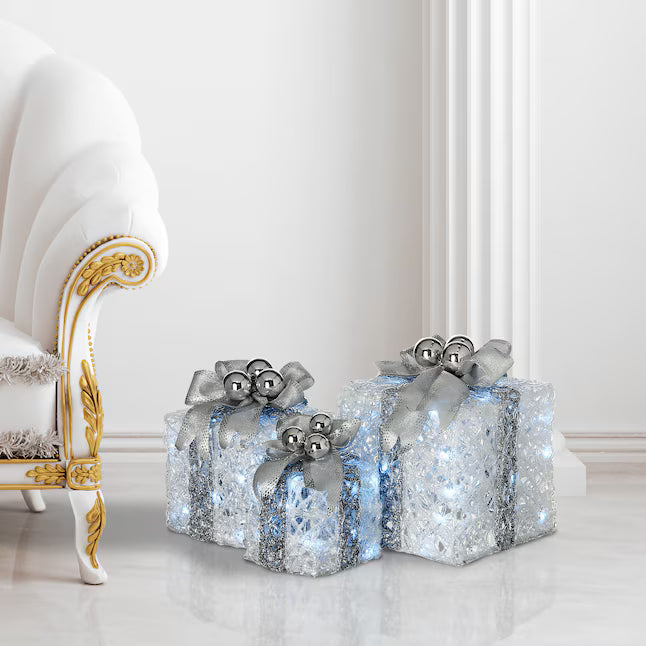 National Tree Company 3 -Pack 12-in Freestanding Gift box Yard decoration with White LED Lights Open Box