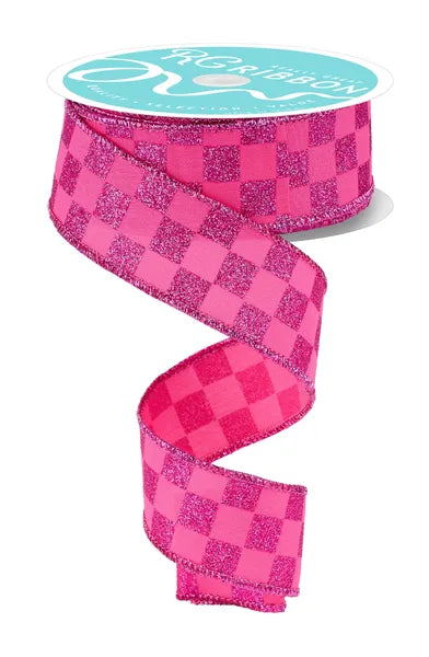 1.5 Inch By 10 Yard Hot Pink Glitter Check Ribbon