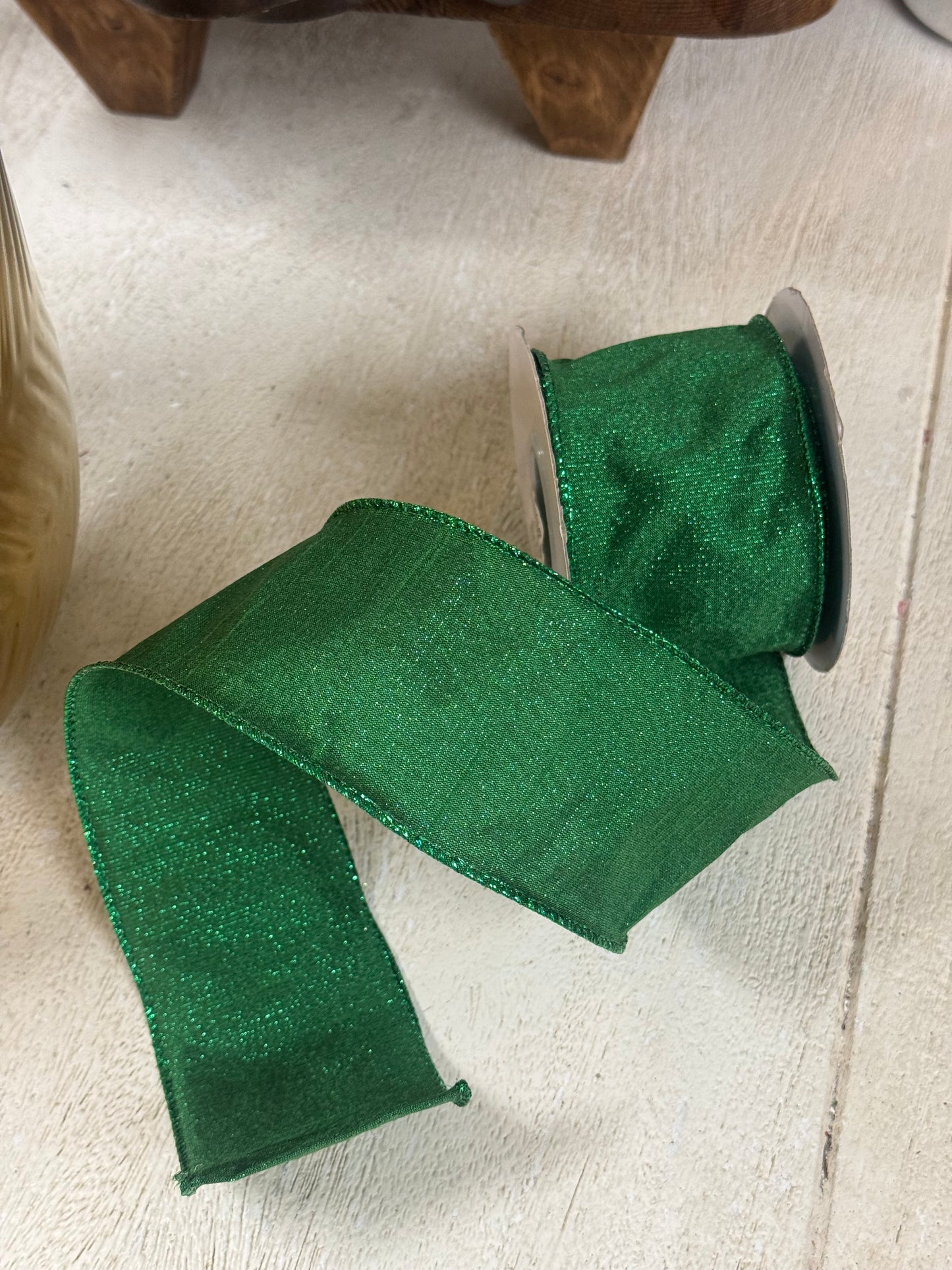 2.5 Inch By 10 Yard Emerald Green Metallic Dupioni Ribbon