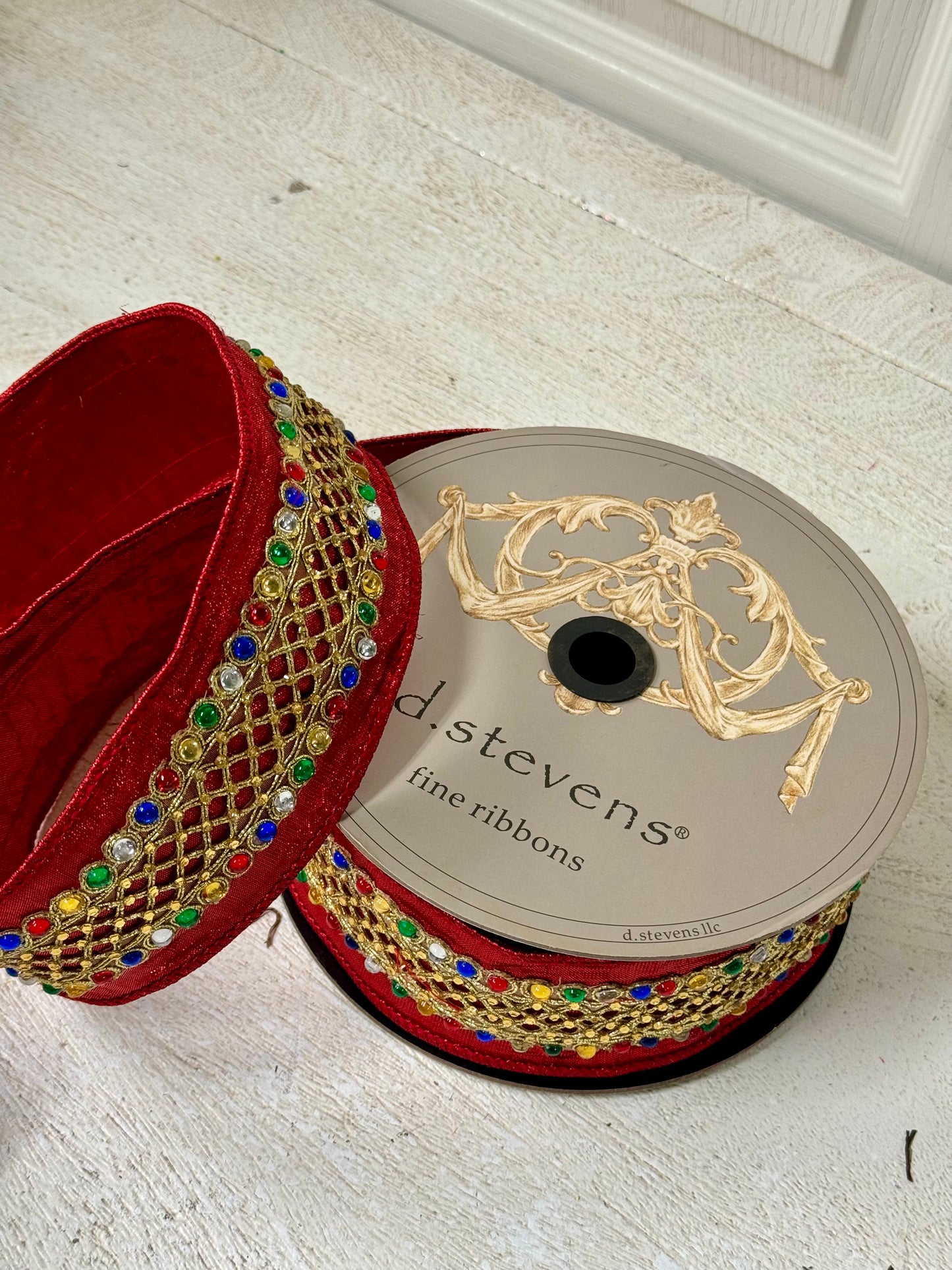 2.5 Inch By 10 Yard Red Metallic Dupioni With Bejeweled Center Ribbon