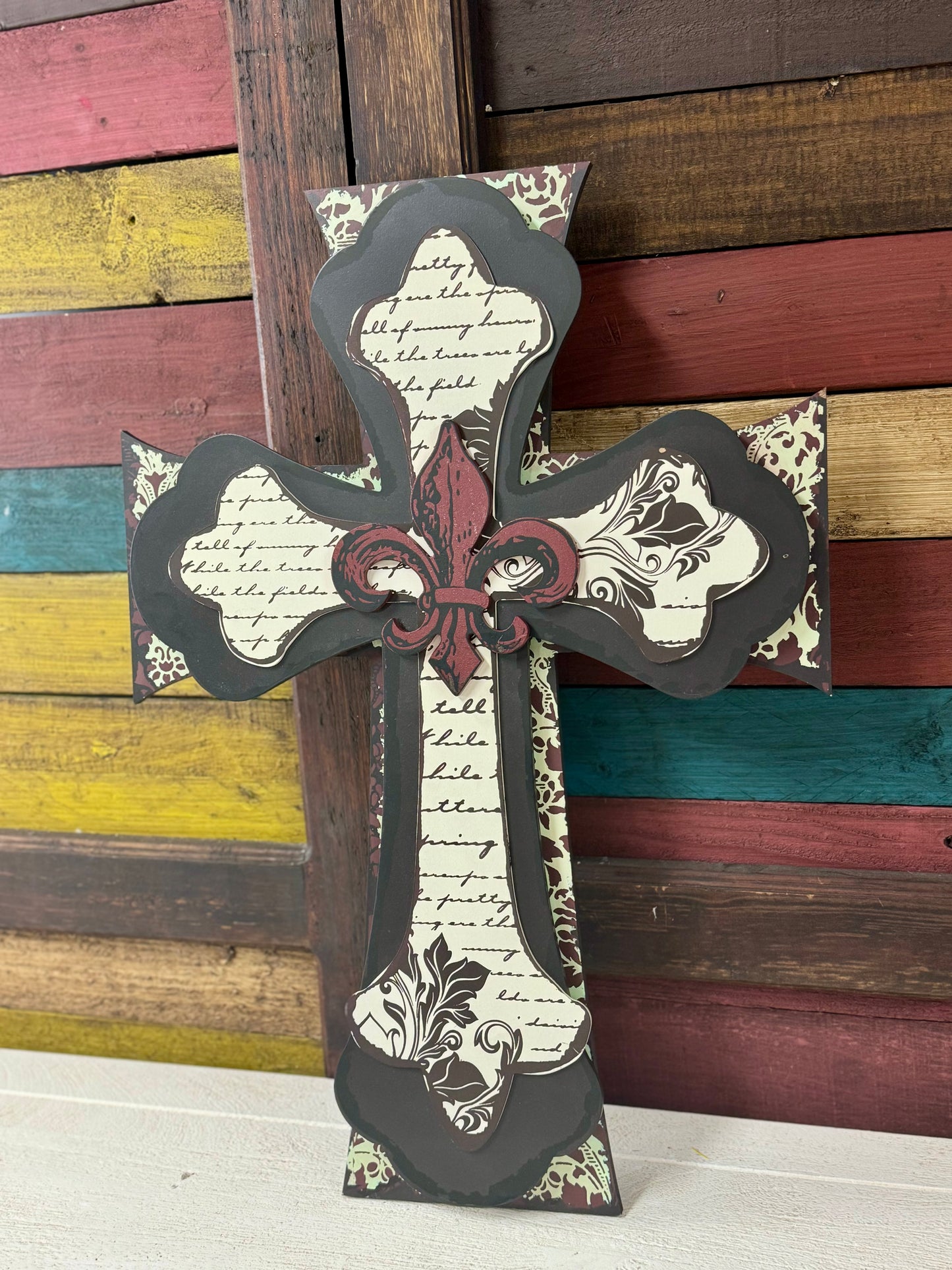 24 Inch By 17 Inch MDF Multi Layer Cross with Fleur De Lis