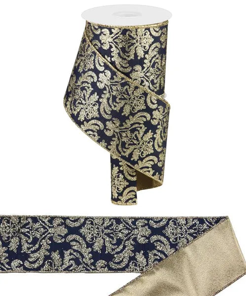 4 Inch By 10 Yard Navy Blue And Light Gold Damask Fused Back Ribbon