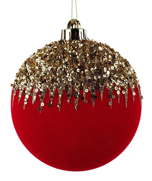4.75 Inch Red And Gold Flocked Sequin 2D Ball Ornament