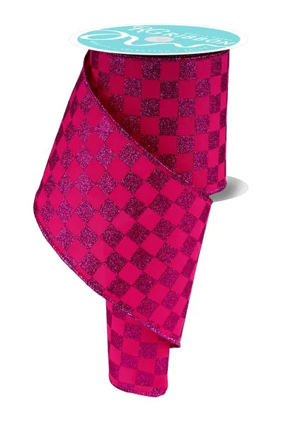 4 Inch By 10 Yard Hot Pink Glitter Check Ribbon