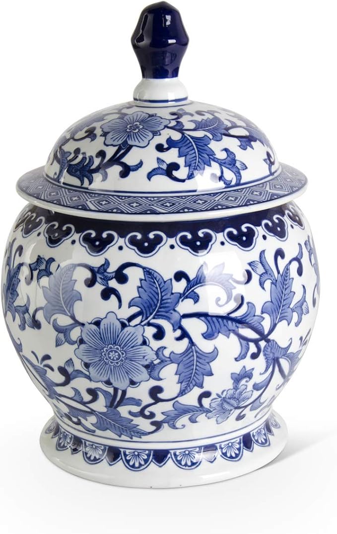 14.25 Inch Royal Blue And White Ceramic Lidded Ginger Jar