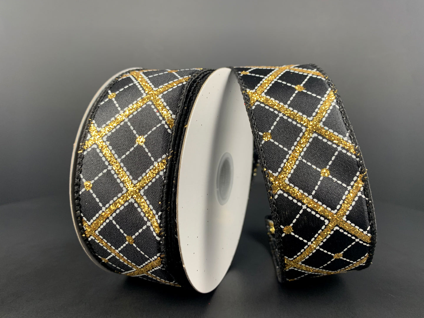 1.5 Inch By 10 Yard Black And Gold Glitter Diagonal Plaid Ribbon