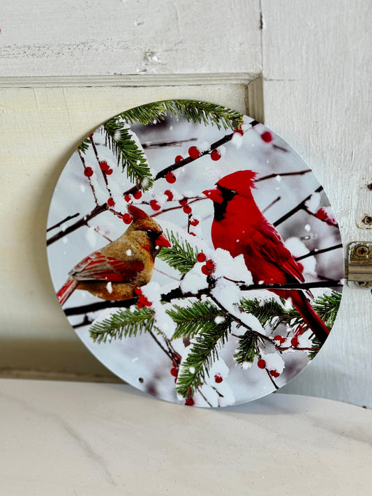 8 Inch Cardinals On Snowy Branch Metal Sign