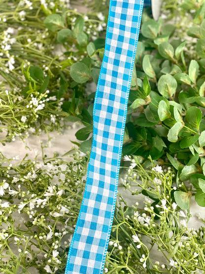 1.5 Inch By 50 Yard Blue And White Gingham Woven Check Ribbon