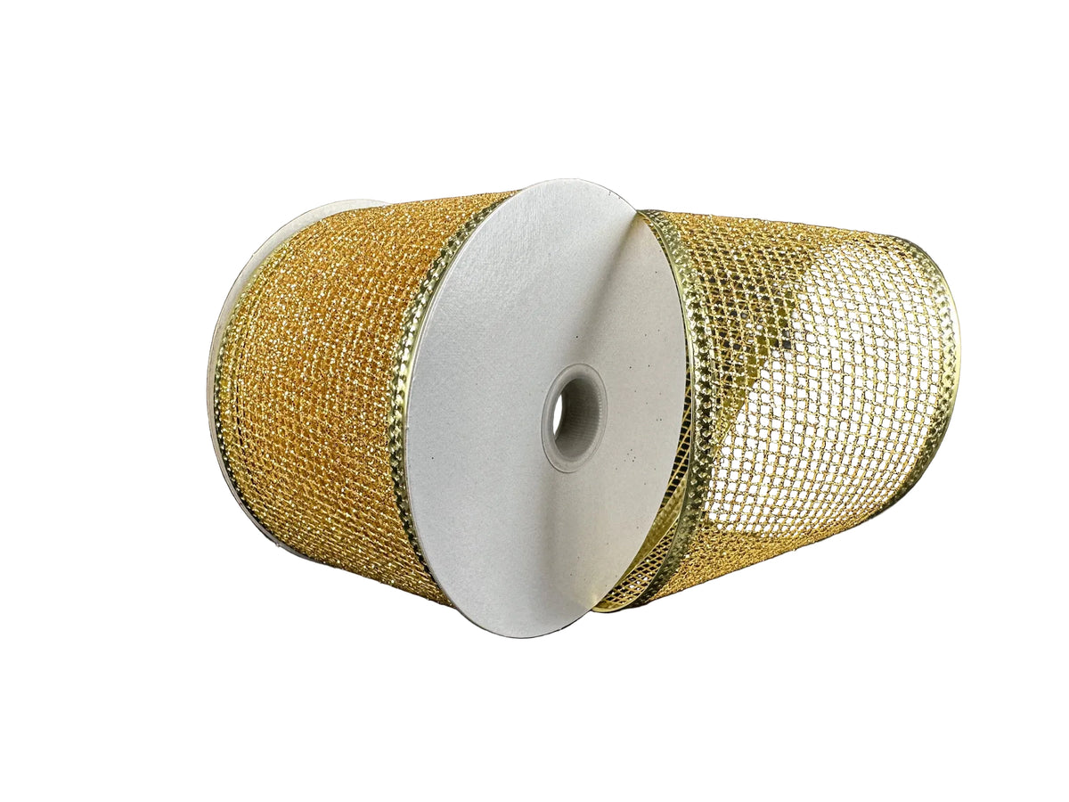 2.5 Inch By 10 Yard Gold Glitter Net With Metallic Edge Ribbon