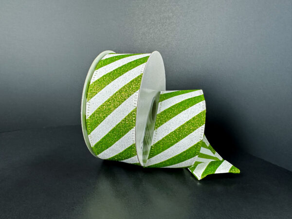 1.5 Inch By 10 Yard Lime White Flat All Glitter Candy Cane Stripe Ribbon