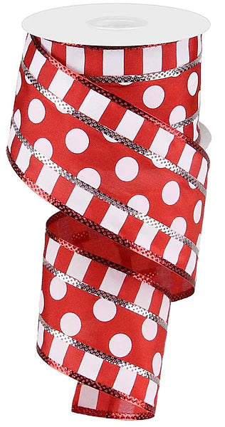 2.5 Inch By 10 Yard Red And White Polka Dot And Stripes Ribbon