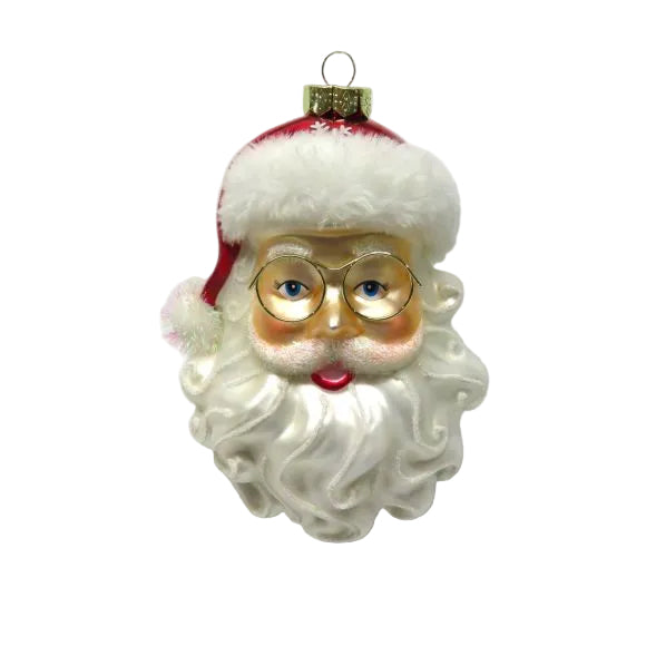 Santa Head With Holly Glass Ornament