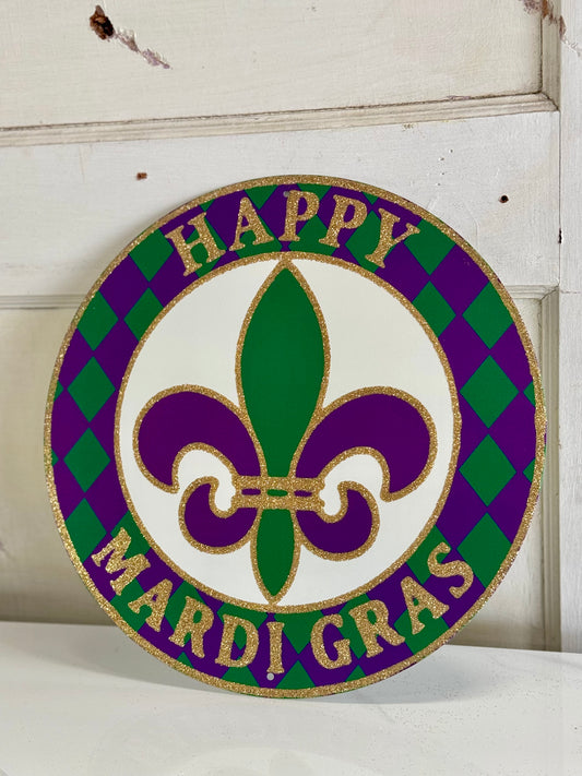 12 Inch Round Metal "Happy Mardi Gras" Sign with Glitter