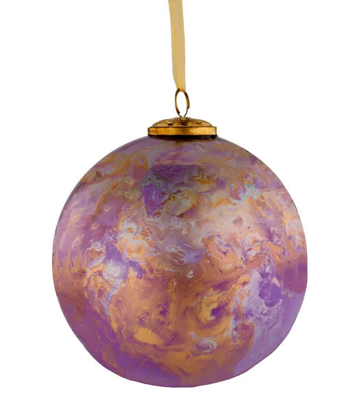 6 Inch Lavender Gold And White Marble Glass Ball Ornament